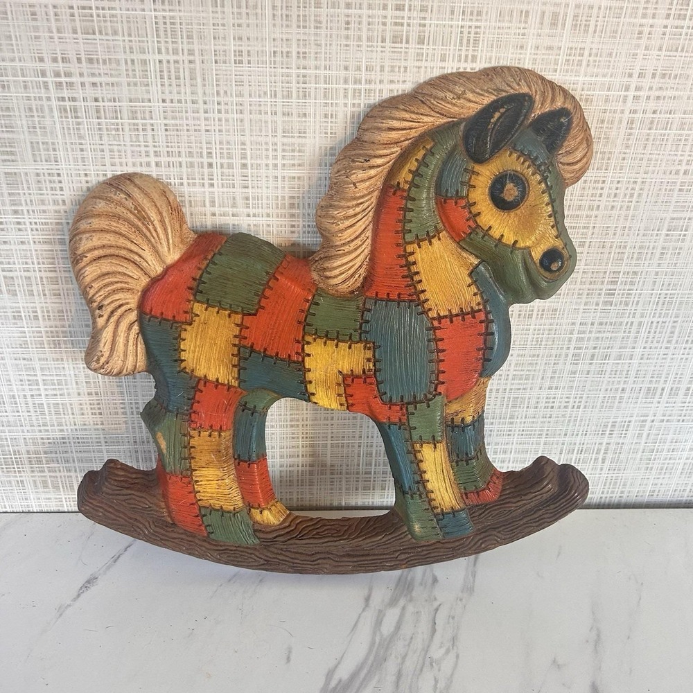 Vintage Rocking Horse Patchwork Quilted Nursery Foam Craft Wall 1979 11" x 11"